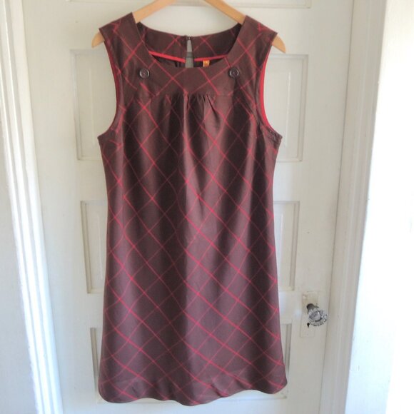 Anthro Maeve Brown & Red Silk Blend Plaid Shift Dress 12 - Picture 2 of 10